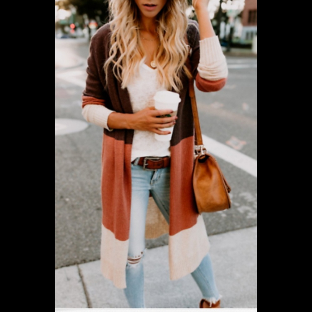 5⭐Orange brown & cream long duster open cardigan
